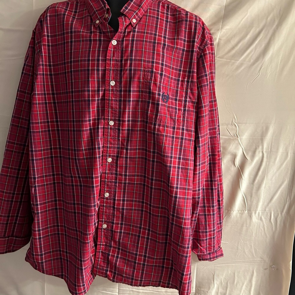 XXL Chaps Men's Red Navy Plaid Long Sleeve Button Down Shirt w/ Pocket #1859